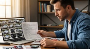 Buyer comparing Japanese auction listing photos with auction sheet details