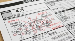 Close-up of a Japanese auction sheet with vehicle grade and inspection notes