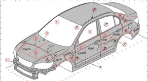 Japanese auction sheet damage diagram showing scratches dents and repair marks