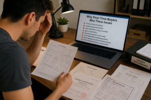 First-time import car buyer reviewing auction sheet and paperwork at a desk