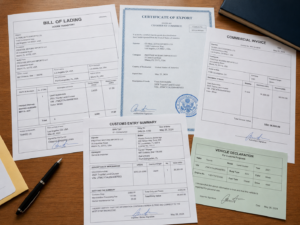 Import car customs documents including bill of lading export certificate and entry paperwork