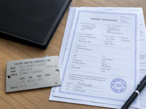 Imported car chassis plate beside export certificate and supporting paperwork on a desk