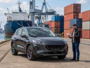 Imported vehicle parked at a port or shipping yard with containers in the background while a buyer checks arrival and release documents