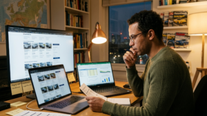 Buyer comparing imported hybrid car listings and market prices