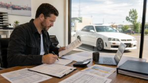 Buyer reviewing currency conversion fees and import car expenses
