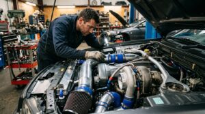 Modified performance car engine bay with aftermarket turbo and intake components
