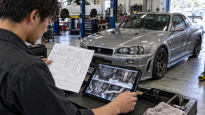 Mechanic comparing Japanese auction sheet rust notes with underbody inspection photos