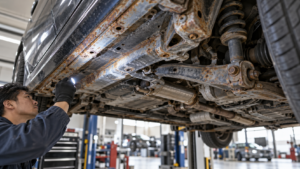 Underbody inspection showing rust-prone areas on a Japanese import car